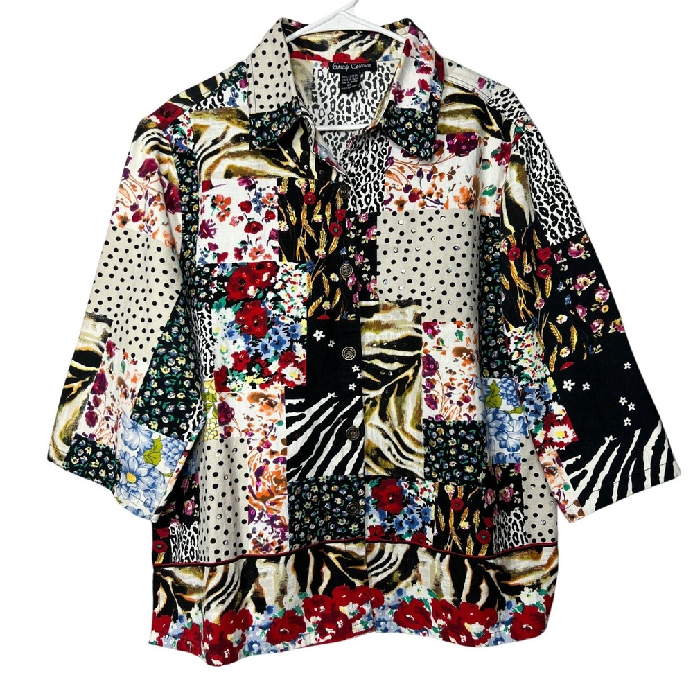 NWOT Candy Couture Patchwrk Floral Animal Print Butn Up Shirt Wmn XL 100% Cotton